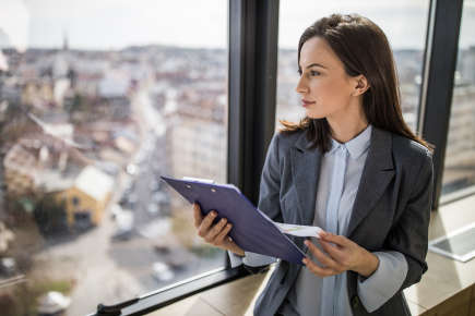 A person with a clipboard looking out the window