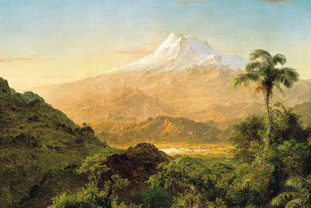 A painting of a mountain in the distance behind a forest of palm trees, Frederic Edwin Church's South American Landscape