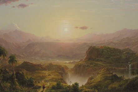 The Andes of Ecuador by F. E. Church, landscape showing sunset over a lush valley with a river