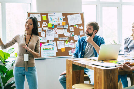 Group of professionals in a marketing meeting with a young woman presenting.