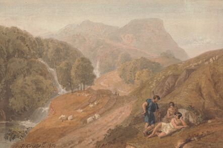 A romantic painting of shepherds lounging on a hillside above a valley near a stream