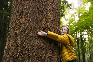 A young child wearing a bright yellow coat hugs a large tree. 