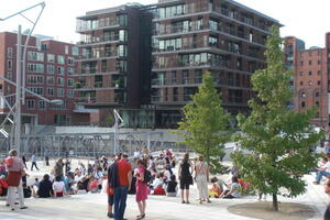 Hafen city apartments around transport and sitting area