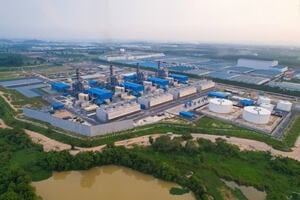 Aerial View of new Power Plant Cogeneration type supply electricity and stream to Industrial Estate with the concept of circularity and sustainability in industrial ecosystem.