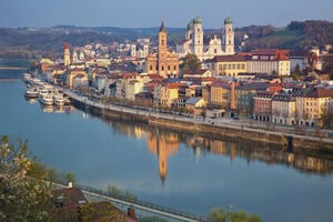 Skyline and buildings on rivers edge of Passau, Germany
