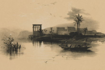 An old print image of the Nile river with structures near the shore and a boat sailing by