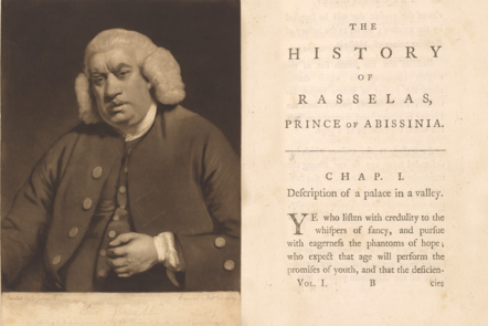 A portrait of Samuel Johnson and the Title Page from an early edition of Rasselas