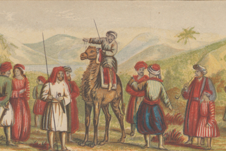 Abyssinian men and women gathered near a man on camelback in a valley near a body of water