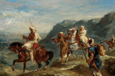Painting - Arabs Traveling by Eugene Delacroix - Arab captors on horseback with a female captive